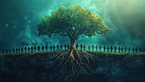 Vibrant tree with deep roots and silhouetted people holding hands, symbolizing unity, legacy, growth, and community impact