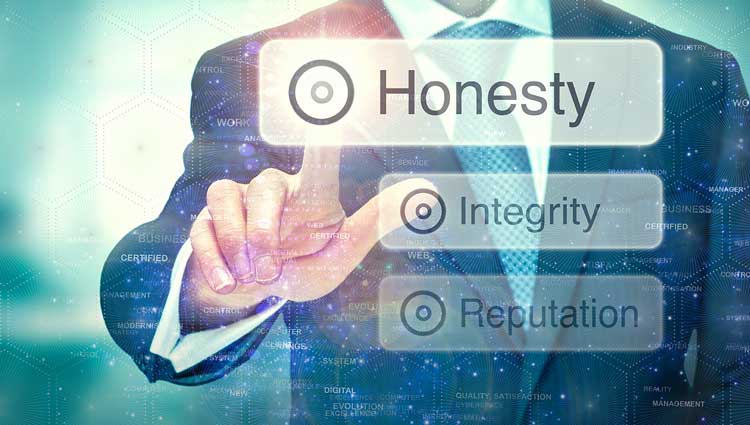 Businessman selecting 'Honesty' on a digital screen with 'Integrity' and 'Reputation' options.