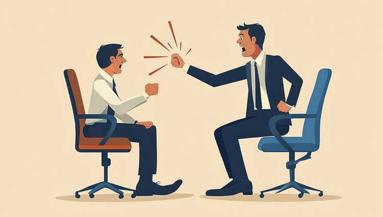 Two businessmen in office chairs arguing, one raising a fist while the other responds tensely.