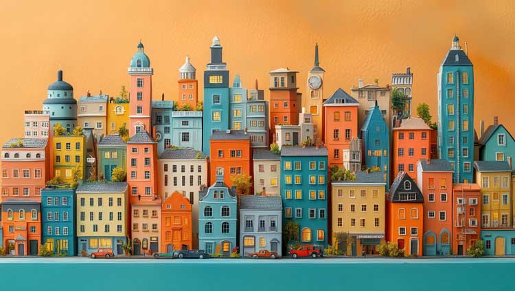 Illustration of several colored buildings tighly spaced together