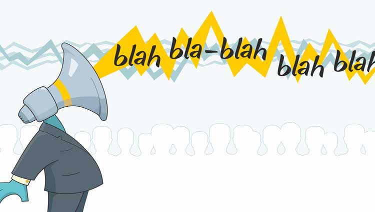 Illustration of a person in a suit with a megaphone as their head, emitting the words 'blah blah-blah blah blah' in jagged speech waves, with an audience of faceless silhouettes in the background. This is typical vanilla planned giving marketing.