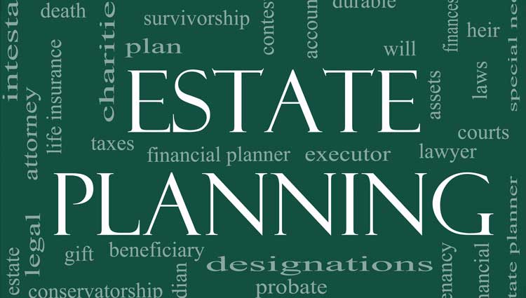 An image with the words "Estate planning" on a green background, along with other planned giving terms, to illustrate the concept that it's important for donors to update their beneficiary designation forms.