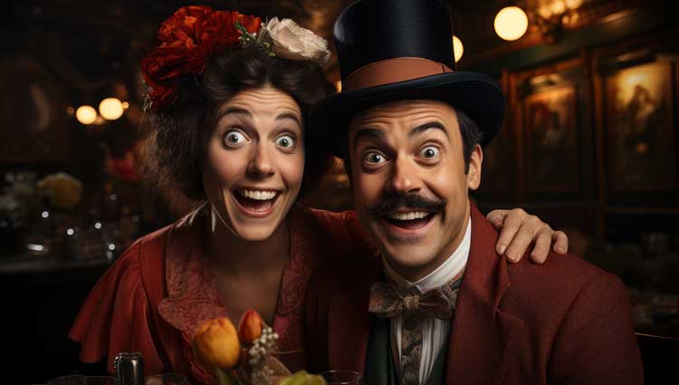Vaudeville-style couple dressed in vintage costumes, smiling with exaggerated expressions, representing the concept of the 'peanut gallery' and the need for face-to-face fundraising.