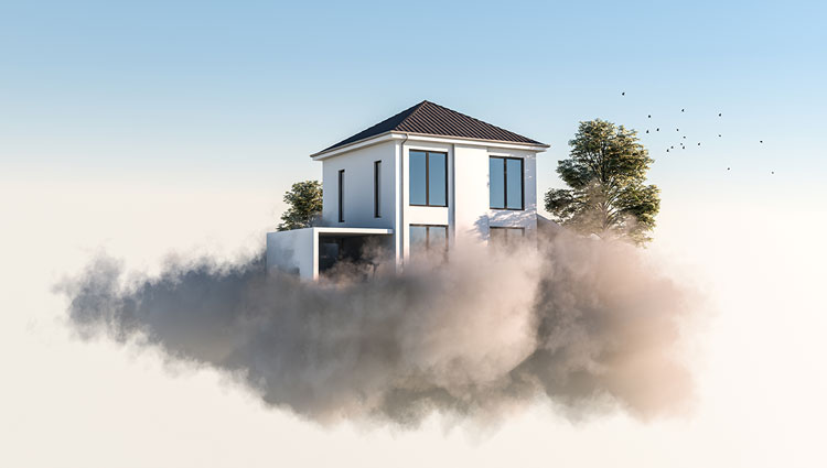 Modern home floating on clouds, symbolizing how real estate gifts can elevate charitable impact and legacy giving