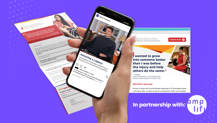 Hand holding phone showing legacy and annual giving ad, with mailer and website in background
