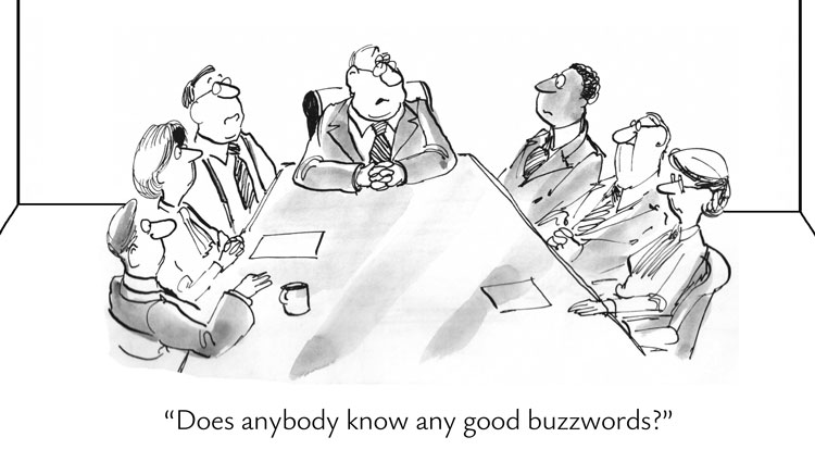 Boardroom of executives desperately searching for trendy buzzwords instead of actual strategy. Innovation clearly not on the agenda.