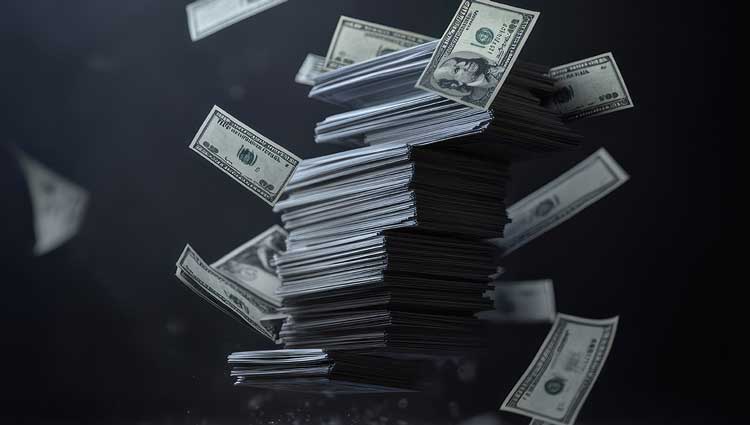 Stack of U.S. hundred dollar bills flying through the air against a dark background, symbolizing money and donations
