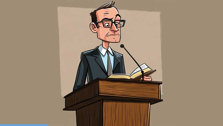 Cartoon illustration of a planned giving expert speaking at a podium with an open book, delivering a seminar on charitable estate planning and legacy gifts.