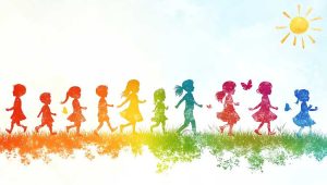 Watercolor rendering of children at play under a bright sun