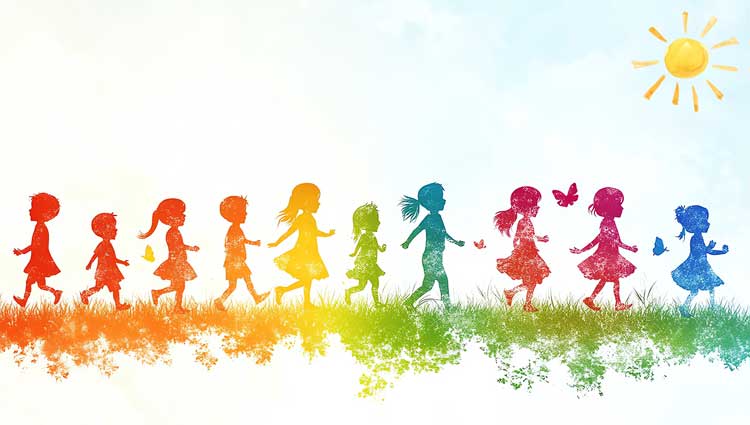 Watercolor rendering of children at play under a bright sun