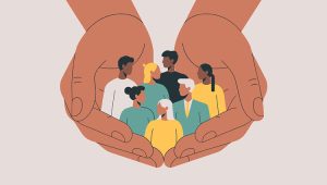 Illustration of diverse community members embraced by protective hands, symbolizing the role of community foundations in supporting and safeguarding local giving.