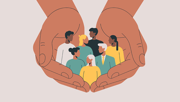 Illustration of diverse community members embraced by protective hands, symbolizing the role of community foundations in supporting and safeguarding local giving.