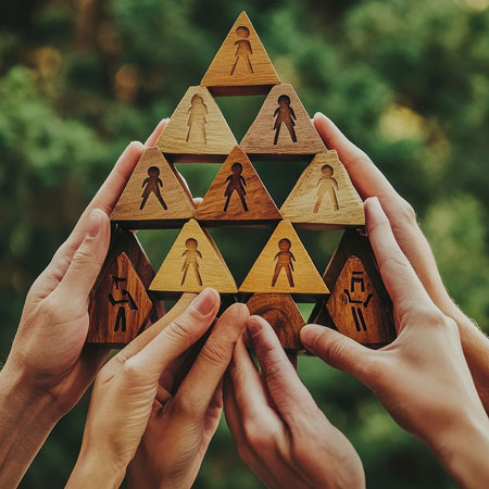 Hands holding interconnected wooden triangles with human figures, symbolizing the strength, unity, and shared responsibility of community foundations
