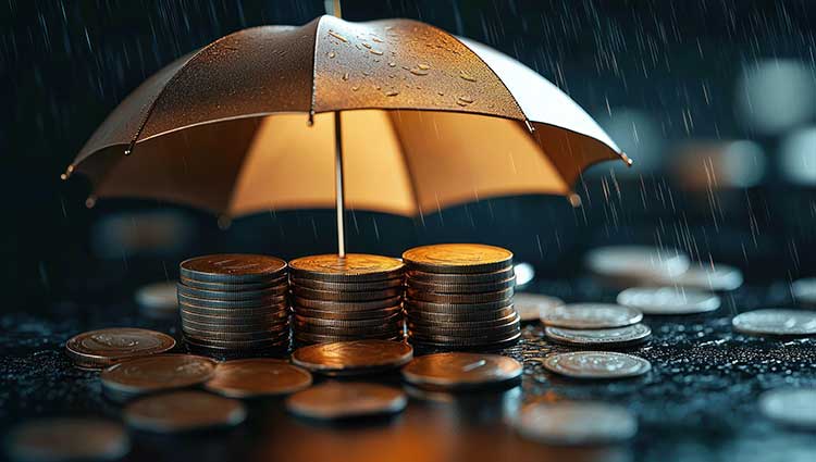 Stacks of coins protected under a golden umbrella in the rain, symbolizing planned giving as fundraising insurance and long-term nonprofit stability