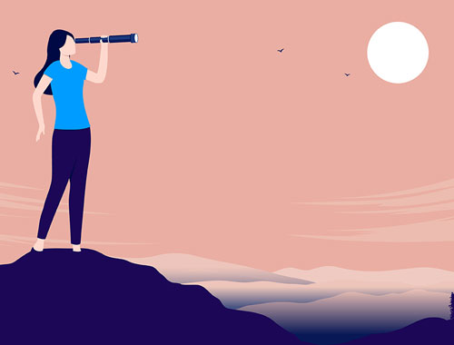 Woman looking through a telescope toward the future, symbolizing long-term vision in nonprofit leadership